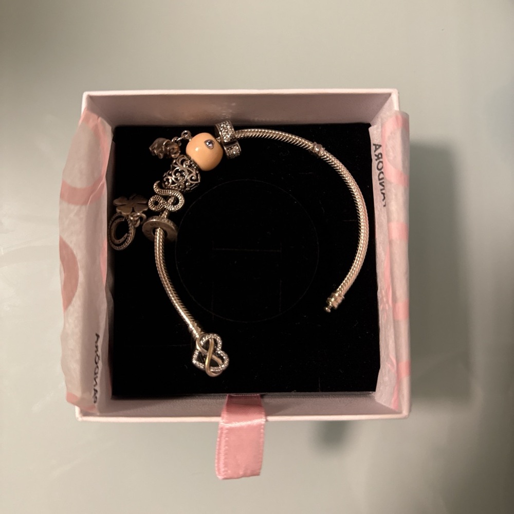 Pandora Silver Bracelet with Gold and Black Charms